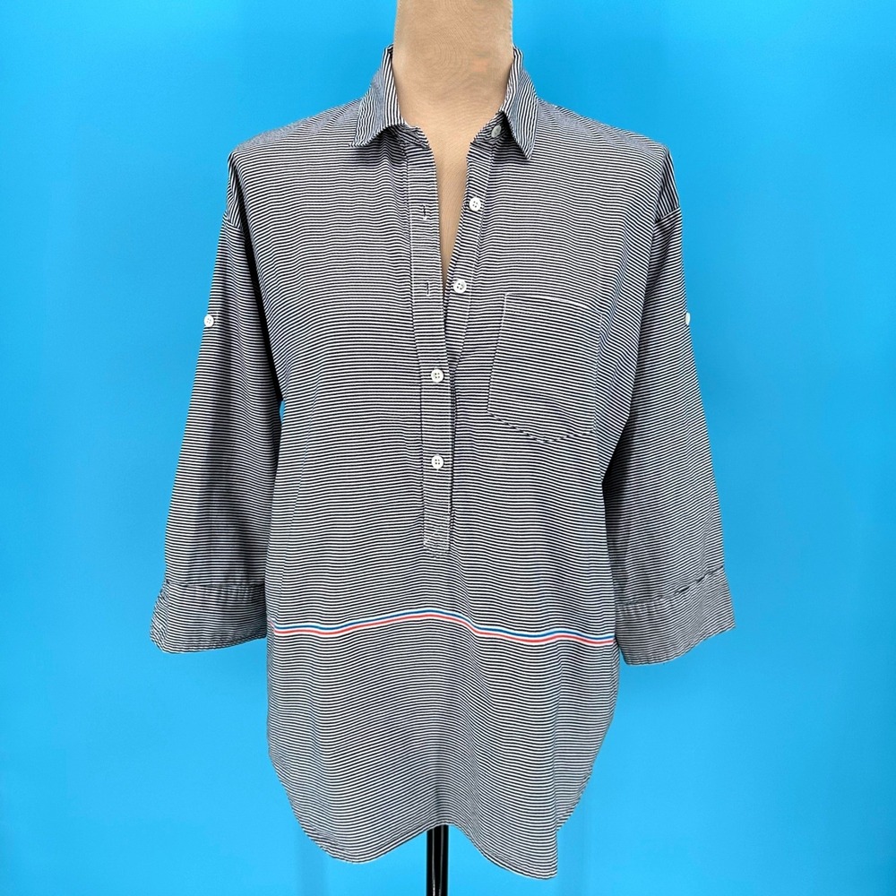 J.Crew Womens Navy White Striped Popover Shirt 3/4 Roll Tab Sleeve Size‎ 6